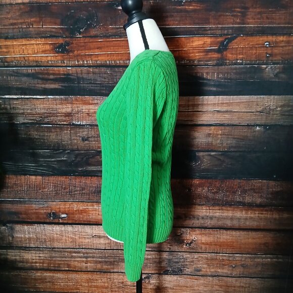 Lauren Ralph Lauren Sweater XS Grass Green 100% Cotton Cable Knit V-Neck - Picture 8 of 10